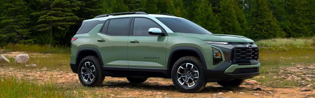 2026 Chevy Equinox Green Chevrolet Equinox off-road SUV displayed on a natural trail, showcasing versatility, durability, and modern styling.